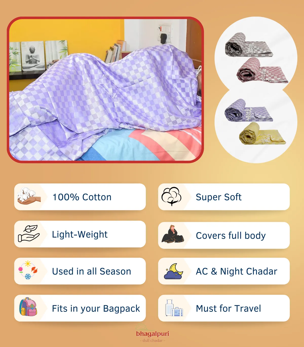 Pack of 2 Yellow Cotton Queen Size Bhagalpuri Dull All Season Blanket - Image 8