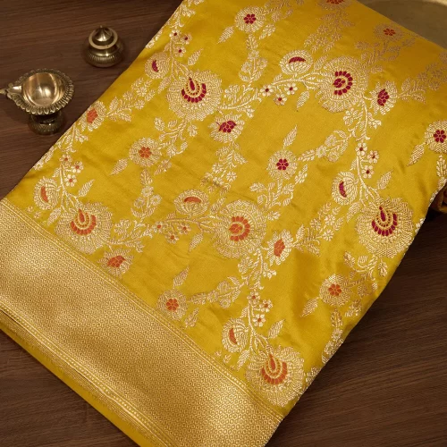 Handcrafted Yellow Banarasi Pure Silk Saree | Authentic Kadwa Weave Handloom Saree