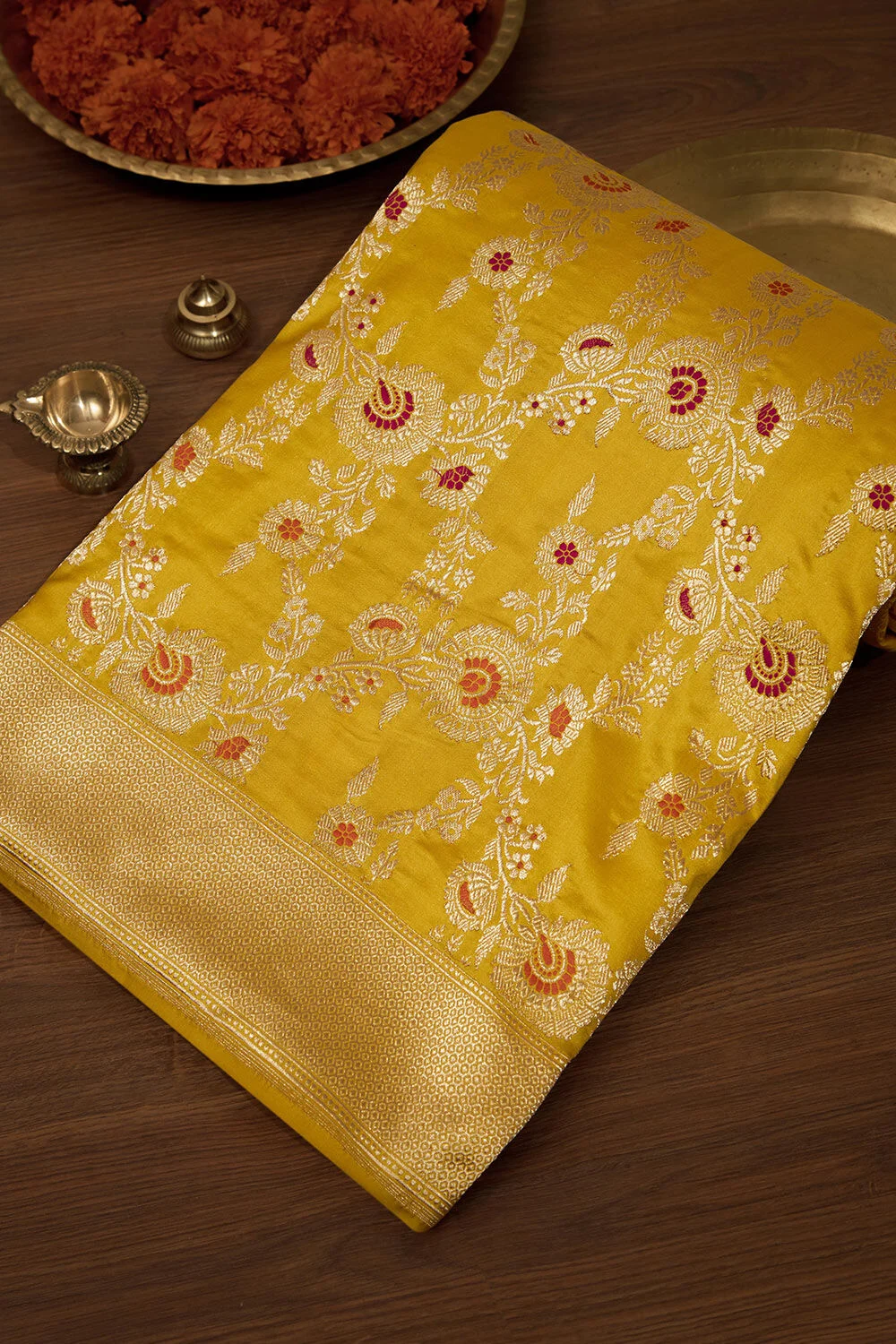Handcrafted Yellow Banarasi Pure Silk Saree | Authentic Kadwa Weave Handloom Saree