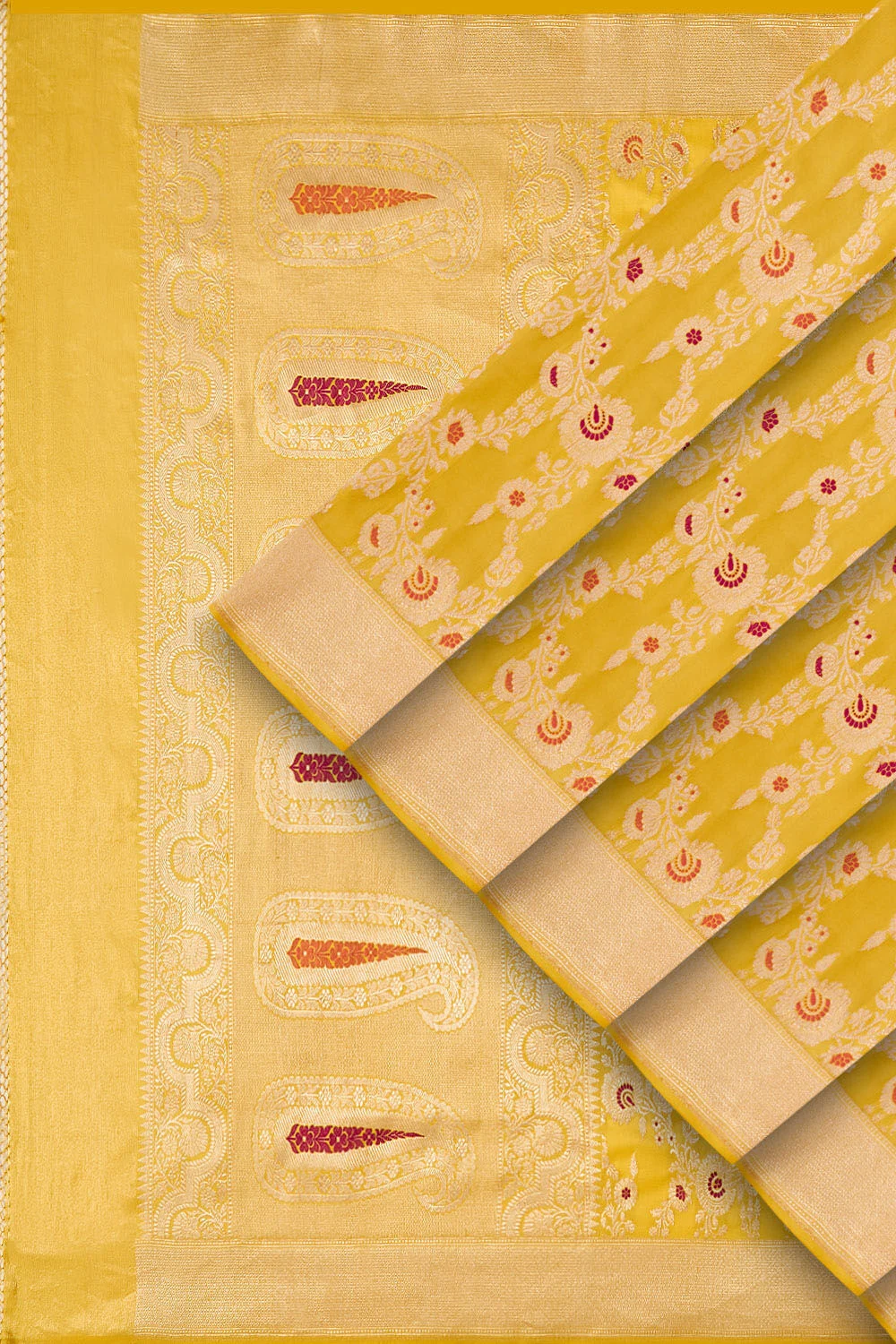Handcrafted Yellow Banarasi Pure Silk Saree | Authentic Kadwa Weave Handloom Saree - Image 2
