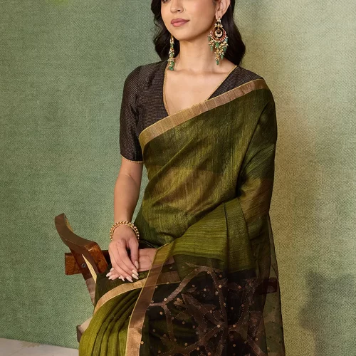 Dark Green Jamdani Pure Silk Vanya Bengal Saree with Unstitched Blouse