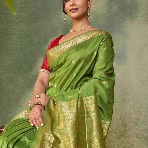 Light Green Silk Viscose Cutwork Banaras Saree with Unstitched Blouse