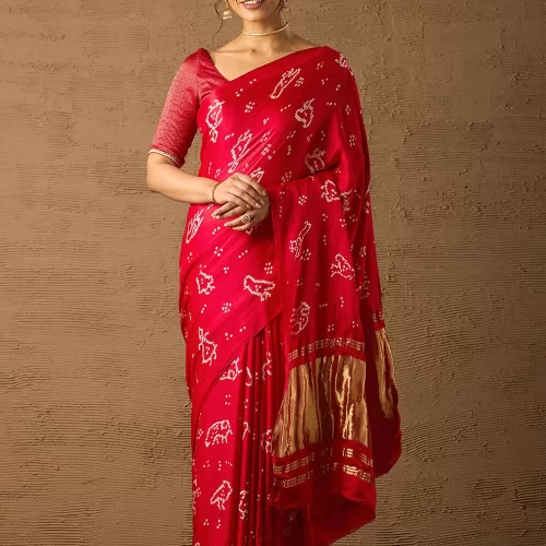 Red Gujarat Pure Silk Tie & Dye Bandhani Saree with Unstitched Blouse