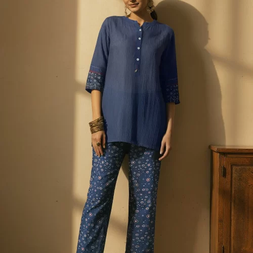 Blue Pure Silk Cotton Ajrakh Short Top for Women