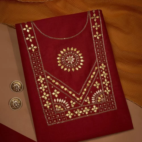 Red Pure Silk Cotton Gotta Patti Embroidered Unstitched Suit Set